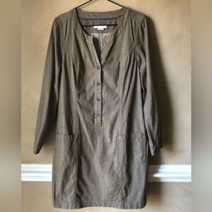 EUC Boden olive/brown long-sleeve denim shift dress w/button front